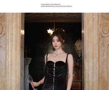 Open Back Ruched Velvet Spaghetti Strap Mermaid Dress