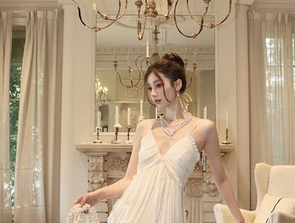 Frill Trim Cutout Slit Spaghetti Strap A-Line Dress