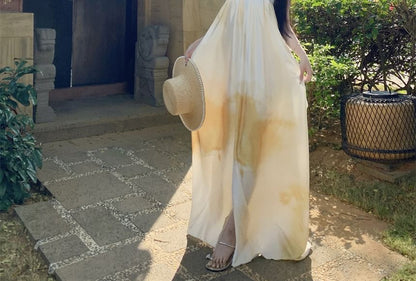 Tie Dye Slit Spaghetti Strap A-Line Maxi Dress