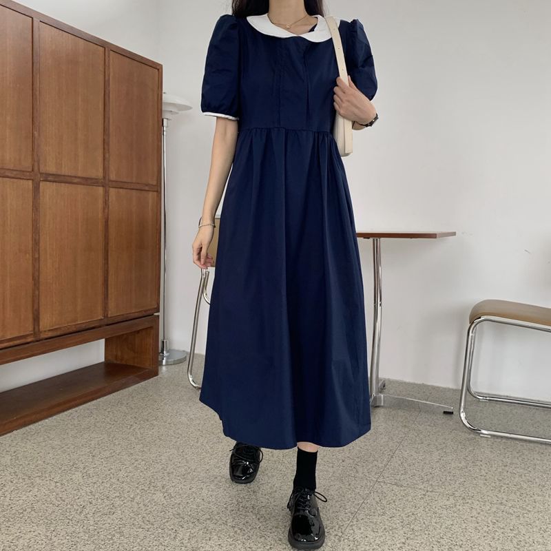 Two Tone Collared Short-Sleeve A-Line Maxi Dress