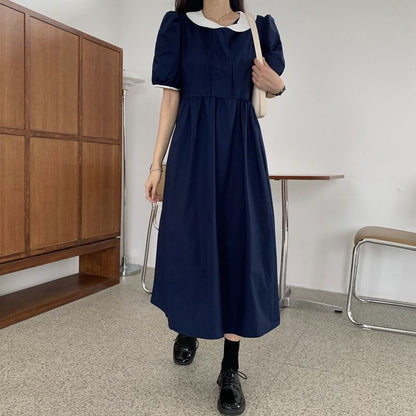 Two Tone Collared Short-Sleeve A-Line Maxi Dress