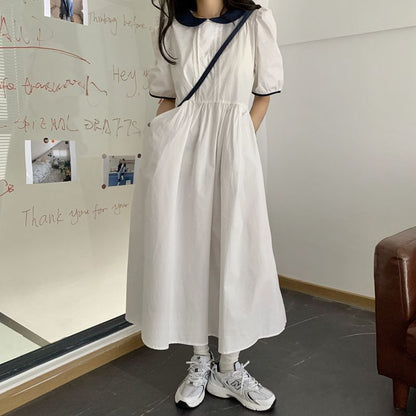 Two Tone Collared Short-Sleeve A-Line Maxi Dress