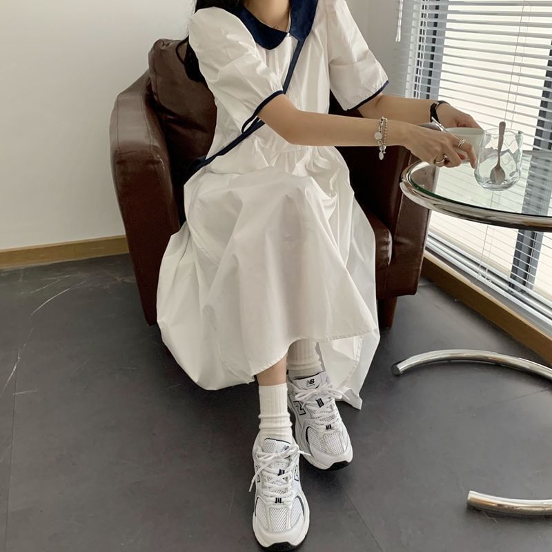Two Tone Collared Short-Sleeve A-Line Maxi Dress