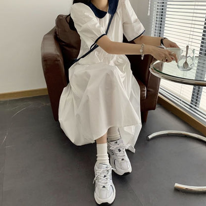 Two Tone Collared Short-Sleeve A-Line Maxi Dress