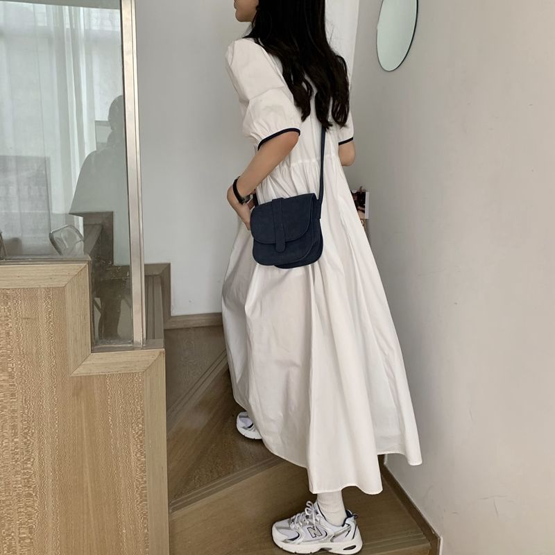 Two Tone Collared Short-Sleeve A-Line Maxi Dress