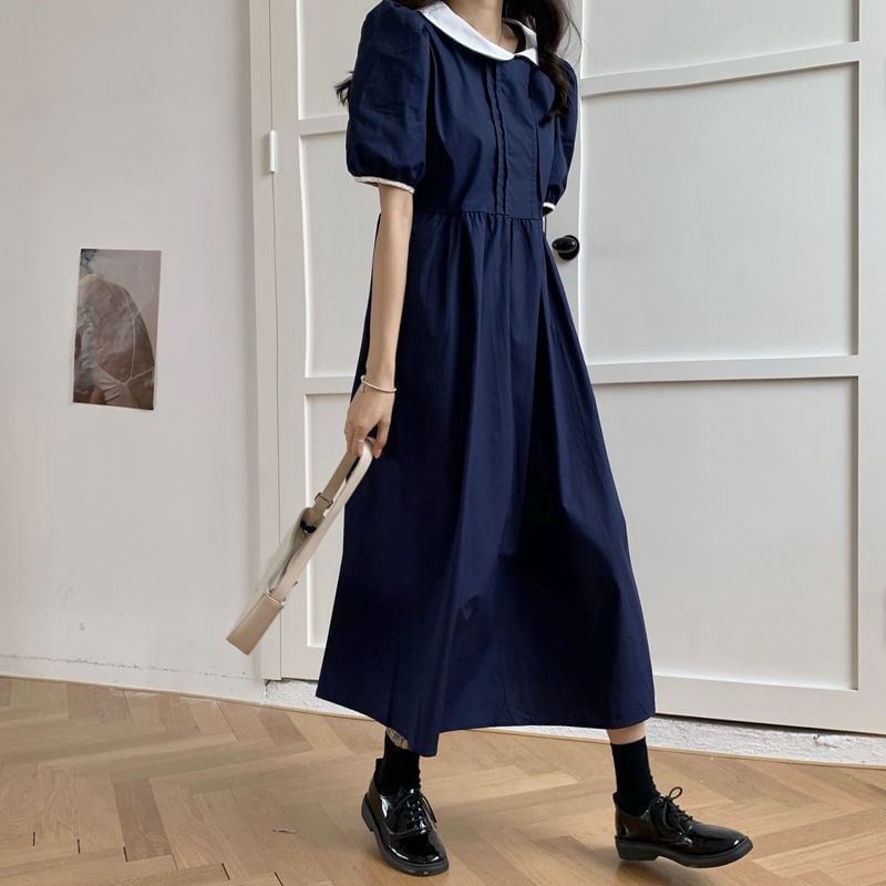 Two Tone Collared Short-Sleeve A-Line Maxi Dress