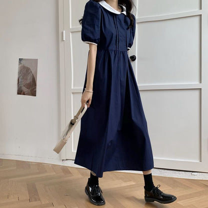 Two Tone Collared Short-Sleeve A-Line Maxi Dress