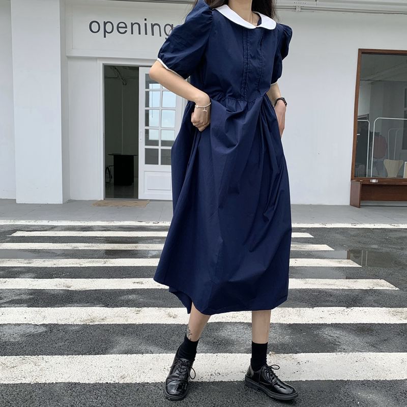 Two Tone Collared Short-Sleeve A-Line Maxi Dress