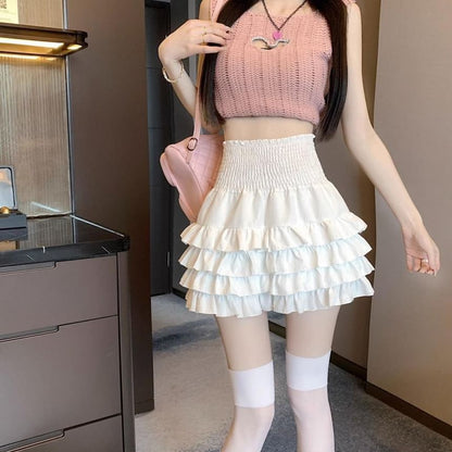 Tiered Mini Skirt in Solid Fabric with High Rise