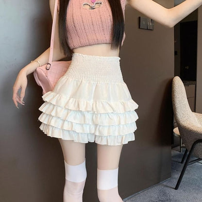 Tiered Mini Skirt in Solid Fabric with High Rise