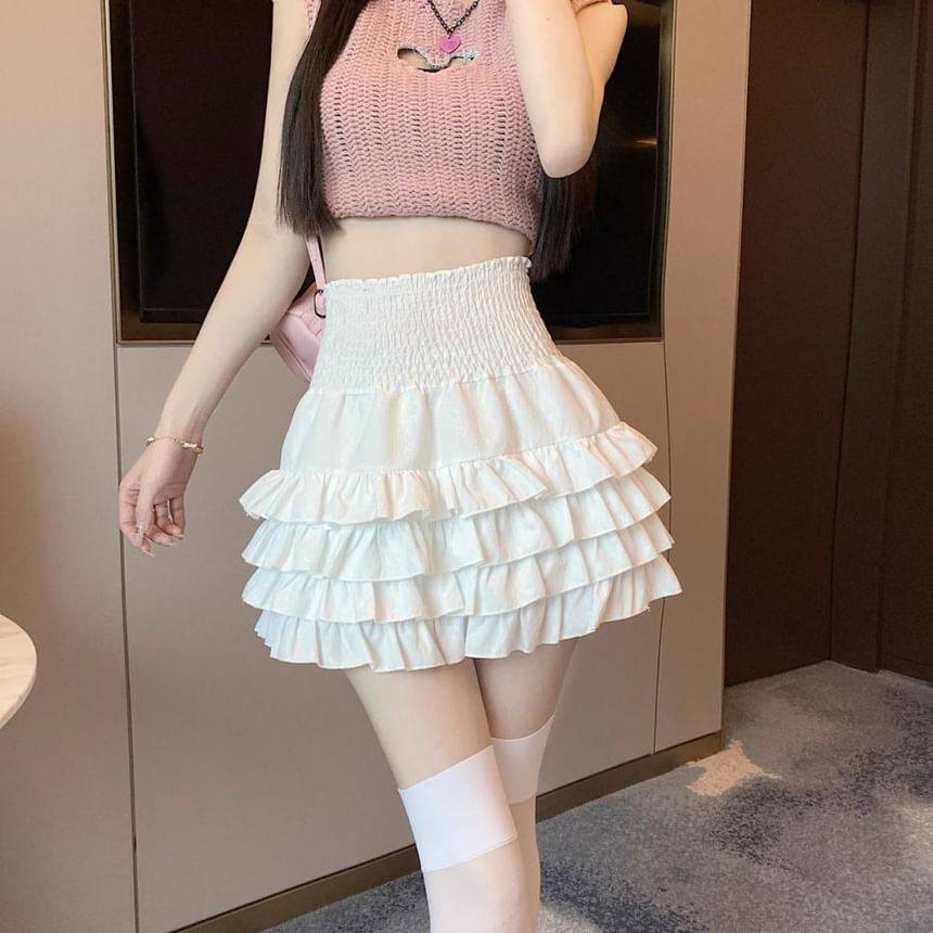 Tiered Mini Skirt in Solid Fabric with High Rise