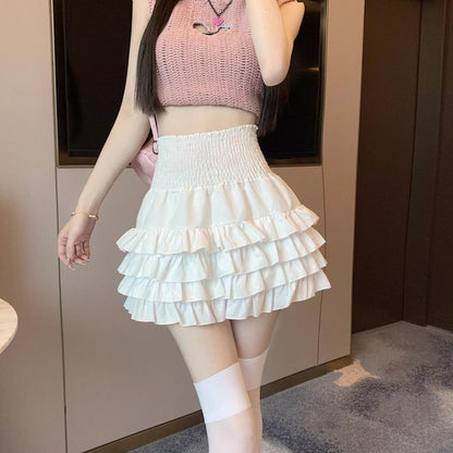 Tiered Mini Skirt in Solid Fabric with High Rise