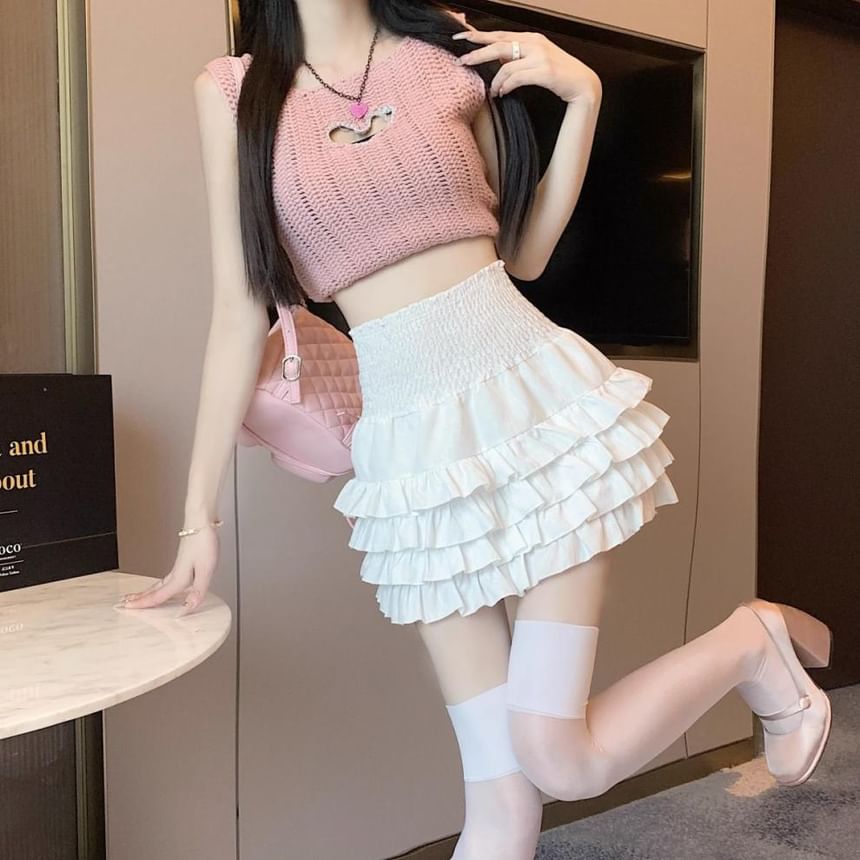 Tiered Mini Skirt in Solid Fabric with High Rise