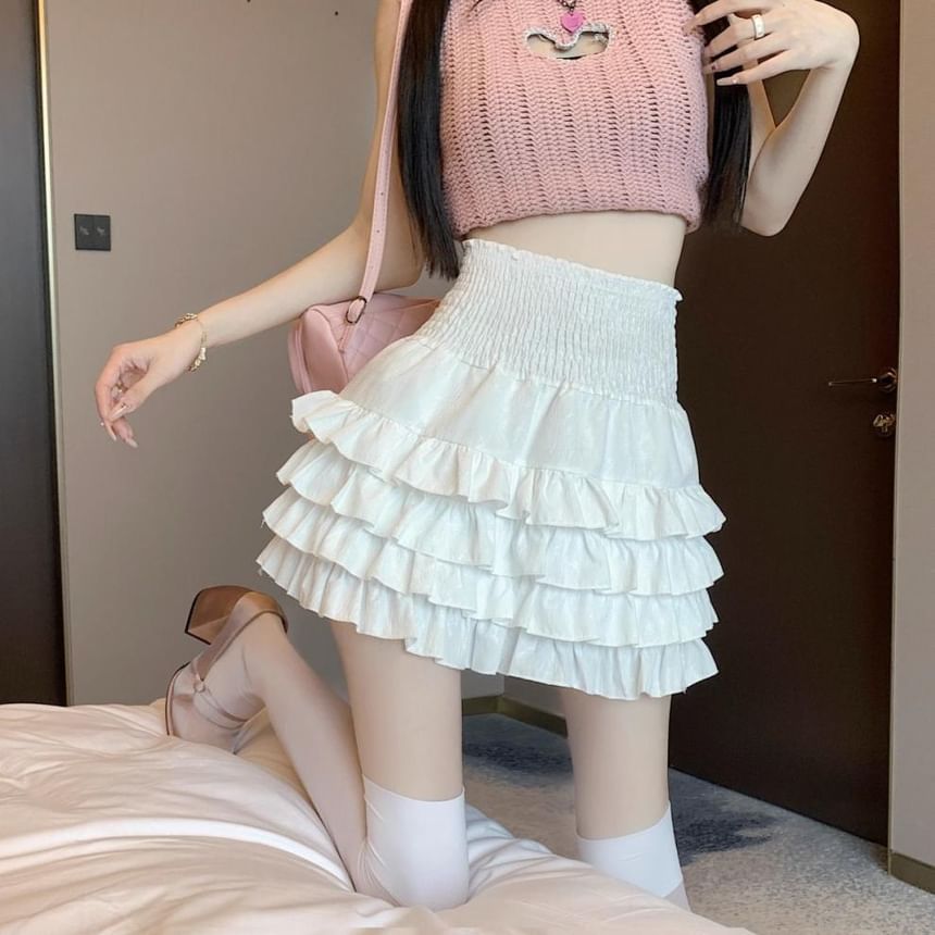 Tiered Mini Skirt in Solid Fabric with High Rise