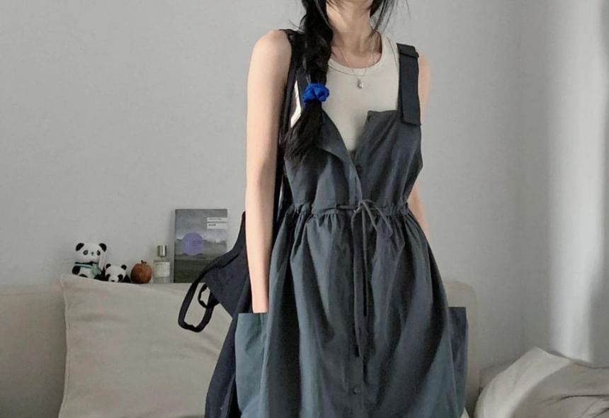 Button-Up Plain Sleeveless Maxi Dress Set