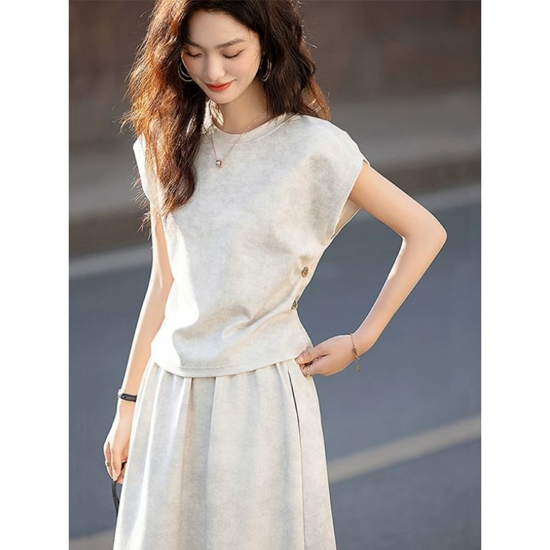 Tie-Dye Crew Neck Tee with Ruched Sleeves and Maxi Skirt Set