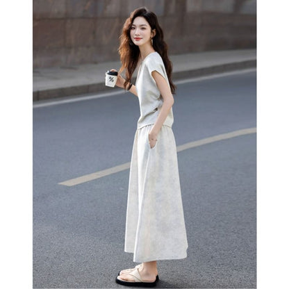 Tie-Dye Crew Neck Tee with Ruched Sleeves and Maxi Skirt Set