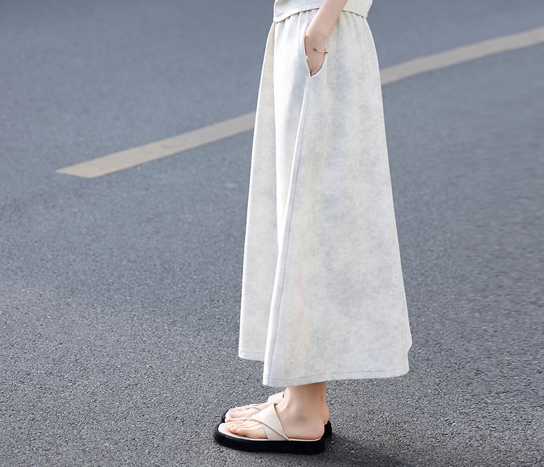 Tie-Dye Crew Neck Tee with Ruched Sleeves and Maxi Skirt Set
