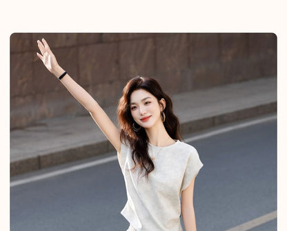 Tie-Dye Crew Neck Tee with Ruched Sleeves and Maxi Skirt Set