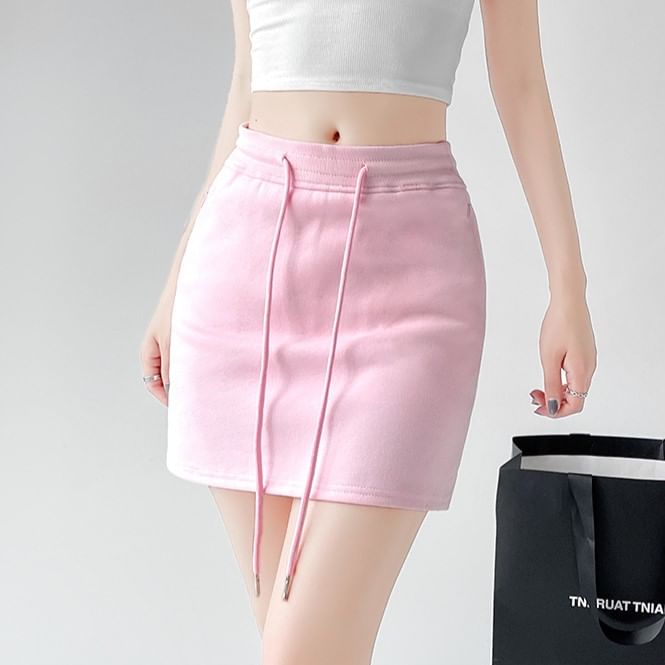 Solid Pencil Mini Skirt with Drawstring Waist