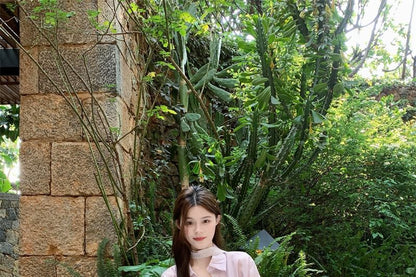 Long-Sleeve Shirt and V-Neck Spaghetti Strap Sundress Set