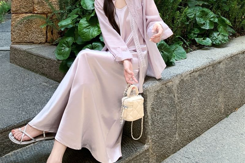 Long-Sleeve Shirt and V-Neck Spaghetti Strap Sundress Set