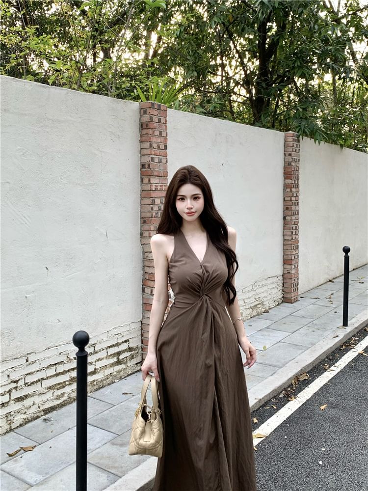 V-Neck Knot Detail Sleeveless Maxi Sundress