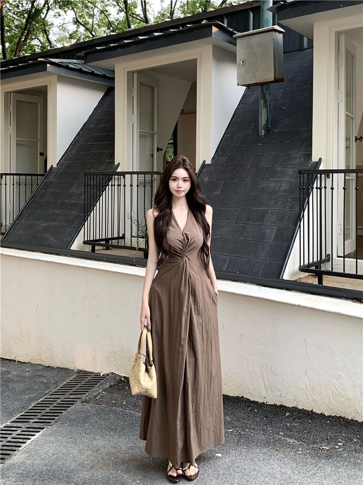 V-Neck Knot Detail Sleeveless Maxi Sundress