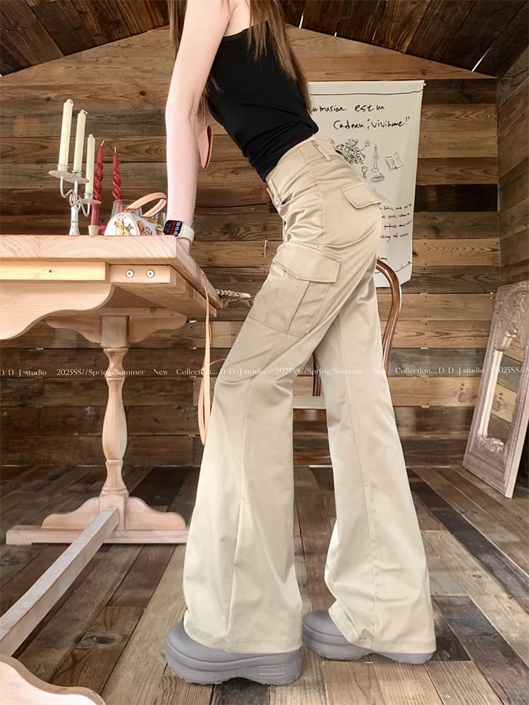 Mid Waist Plain Flared Cargo Pants