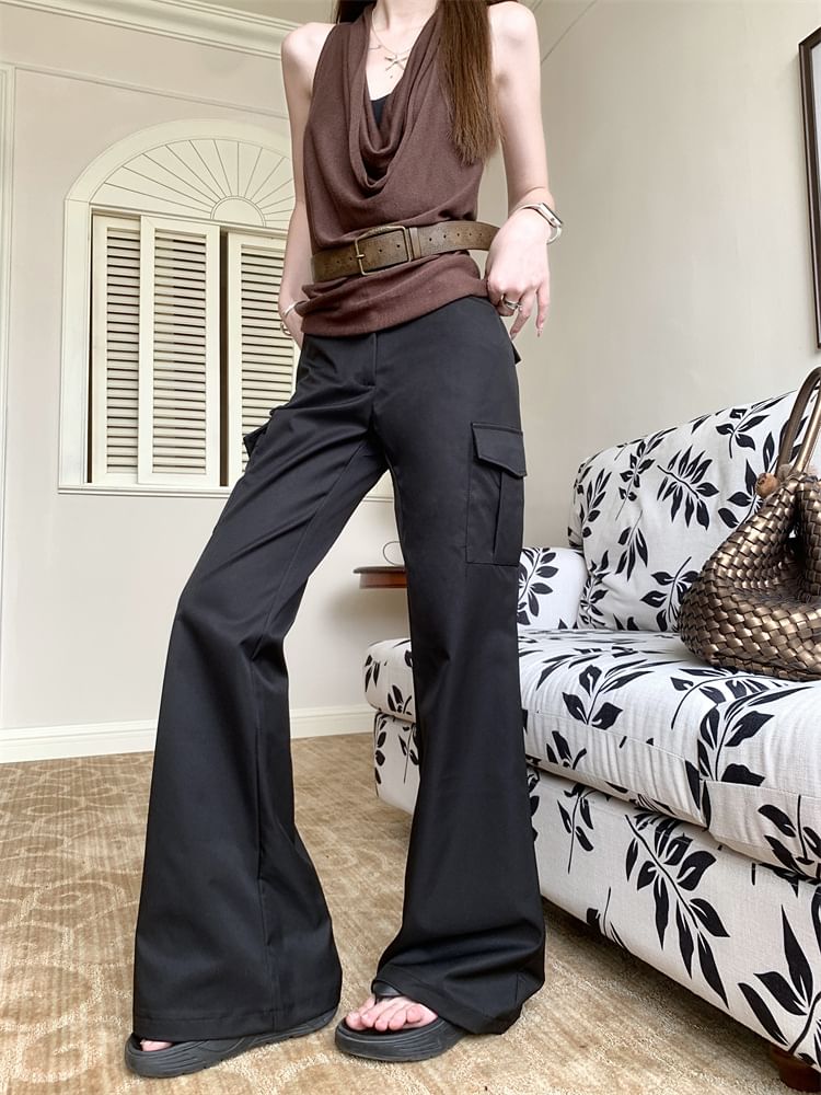 Mid Waist Plain Flared Cargo Pants