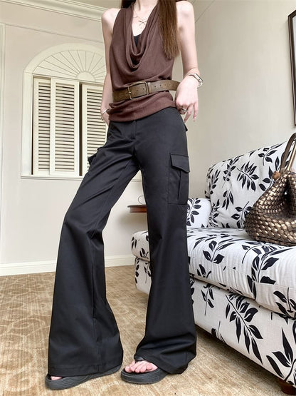 Mid Waist Plain Flared Cargo Pants