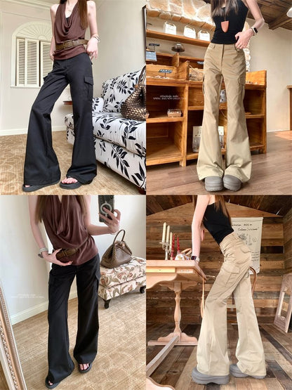 Mid Waist Plain Flared Cargo Pants