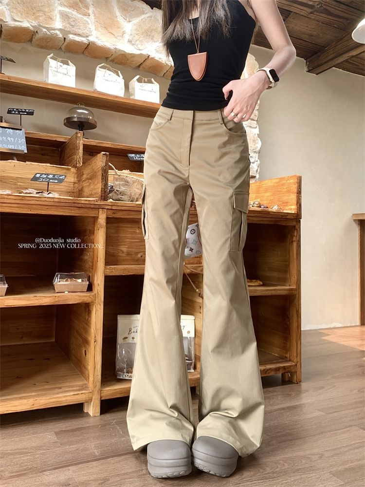 Mid Waist Plain Flared Cargo Pants