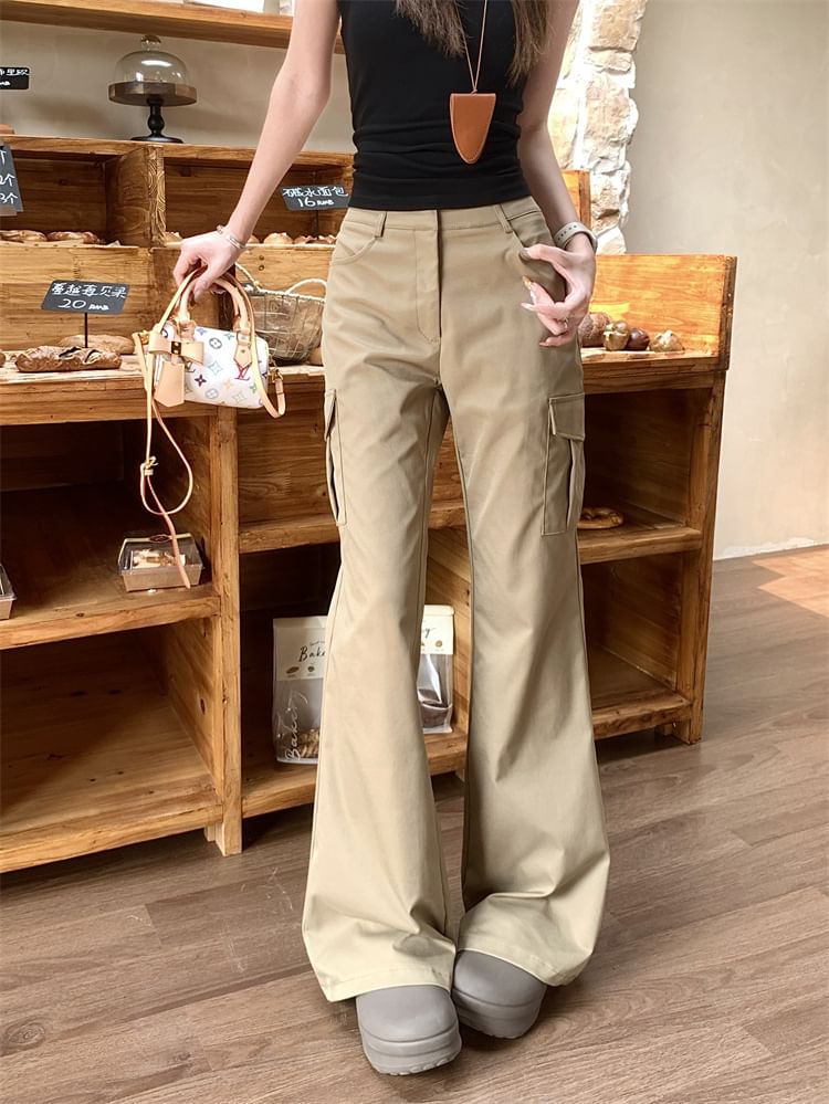 Mid Waist Plain Flared Cargo Pants