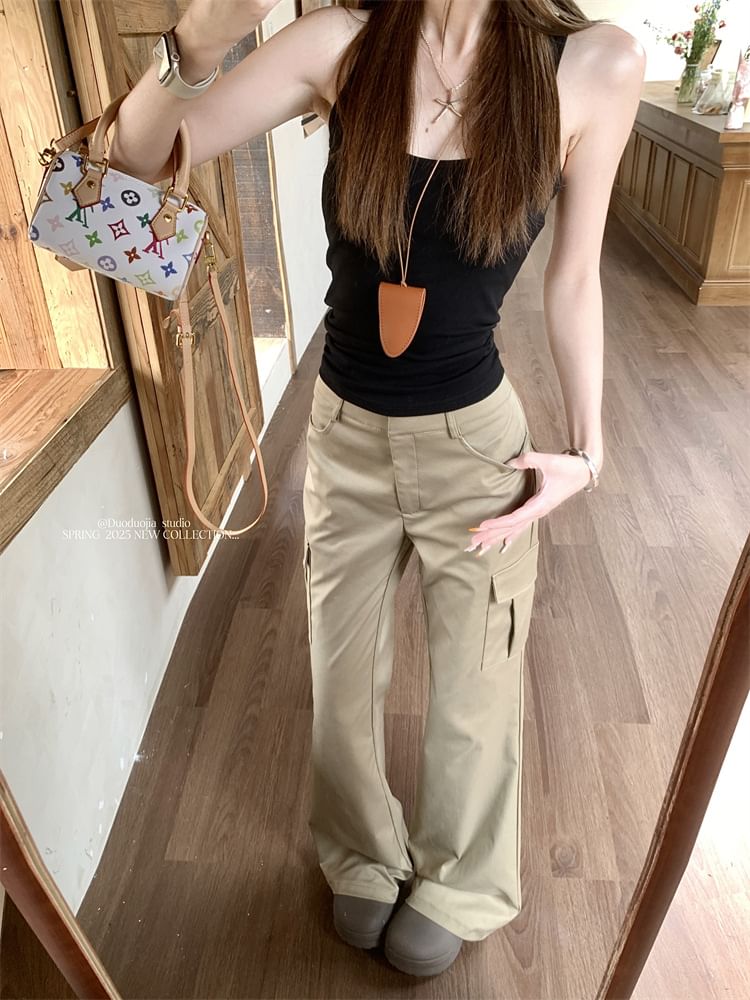 Mid Waist Plain Flared Cargo Pants