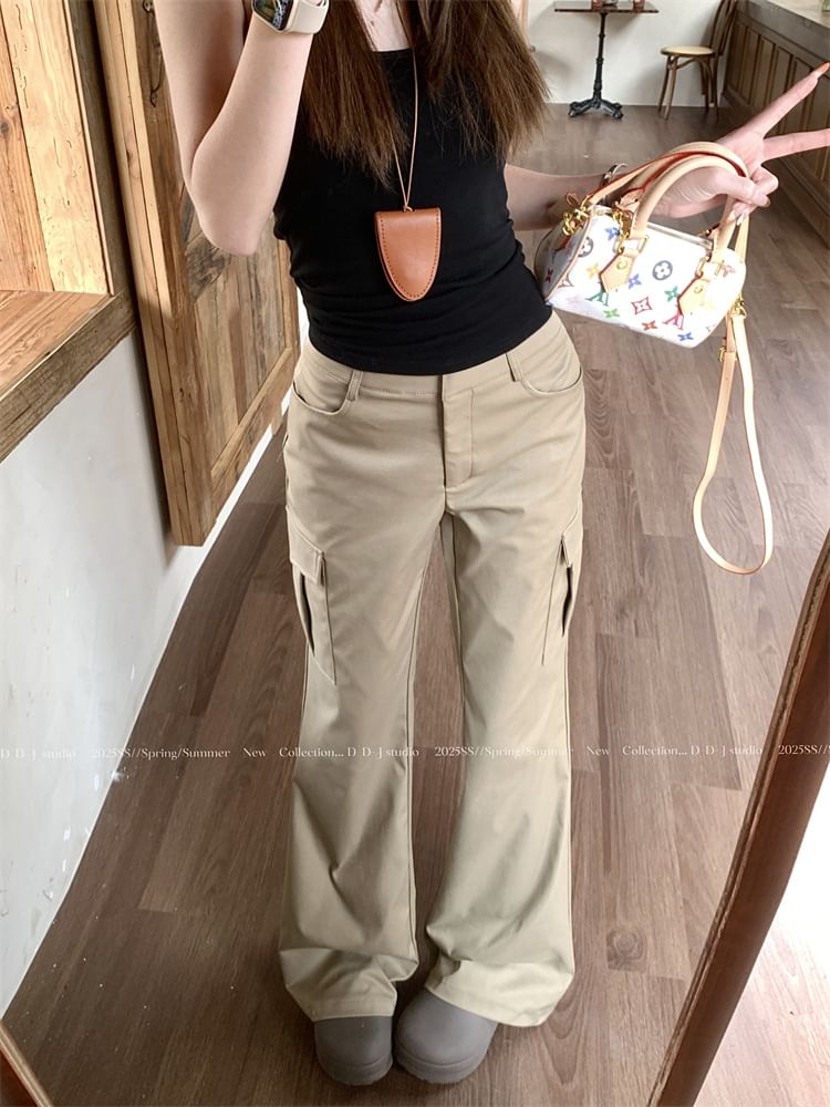 Mid Waist Plain Flared Cargo Pants