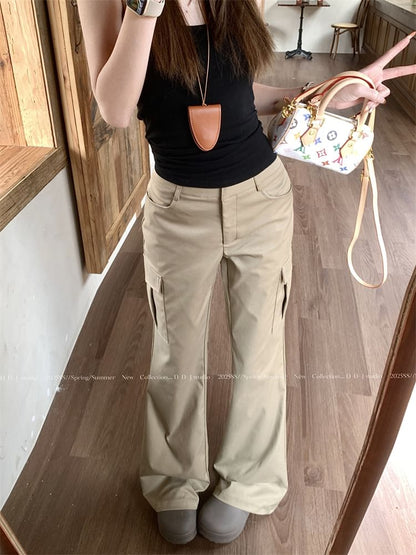 Mid Waist Plain Flared Cargo Pants