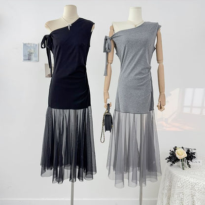 One Shoulder Sheer Panel Sleeveless Bodycon Maxi Dress