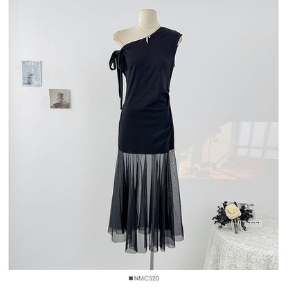 One Shoulder Sheer Panel Sleeveless Bodycon Maxi Dress