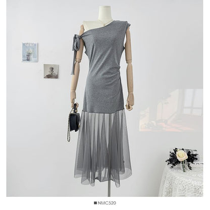 One Shoulder Sheer Panel Sleeveless Bodycon Maxi Dress