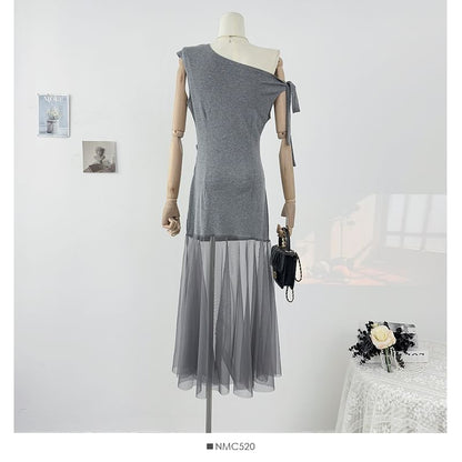 One Shoulder Sheer Panel Sleeveless Bodycon Maxi Dress