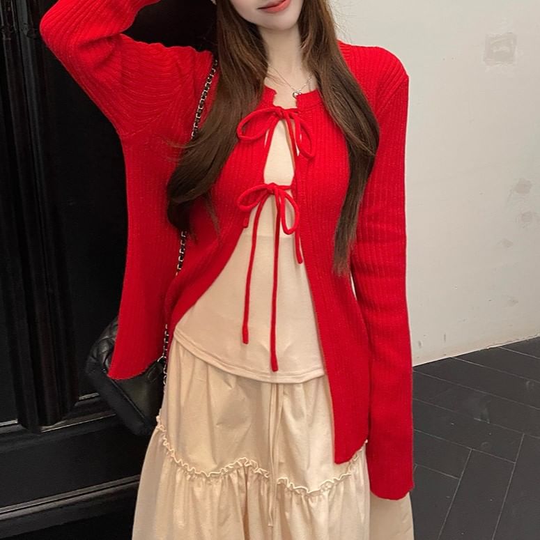 Bow Lace-Up Cardigan, Long-Sleeve Top, Applique Skirt Set