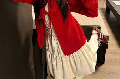 Bow Lace-Up Cardigan, Long-Sleeve Top, Applique Skirt Set