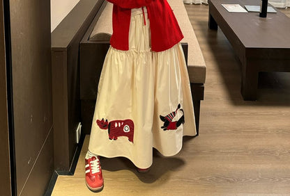 Bow Lace-Up Cardigan, Long-Sleeve Top, Applique Skirt Set