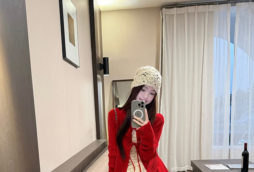 Bow Lace-Up Cardigan, Long-Sleeve Top, Applique Skirt Set