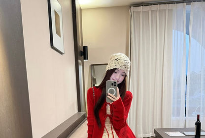 Bow Lace-Up Cardigan, Long-Sleeve Top, Applique Skirt Set