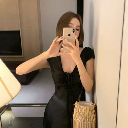 Tie Front Satin V-Neck Short-Sleeve A-Line Dress