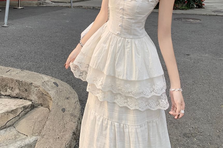 Layered Lace V-Neck Cami & Flowing Maxi Skirt