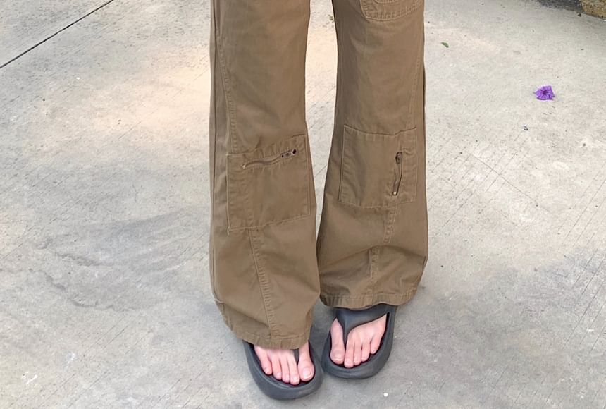 Mid Rise Plain Panel Flared Cargo Pants (Various Designs)