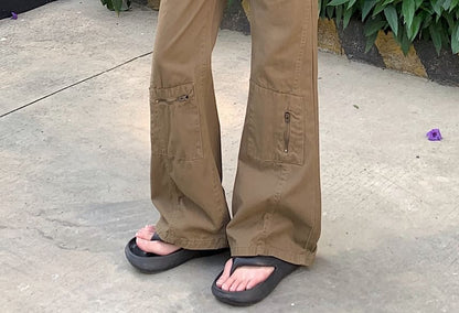 Mid Rise Plain Panel Flared Cargo Pants (Various Designs)